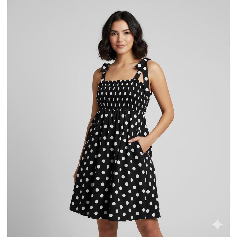 Womens Black White Poke A Dot Midi Dress with Halter Ties Warm Weather Sz Large